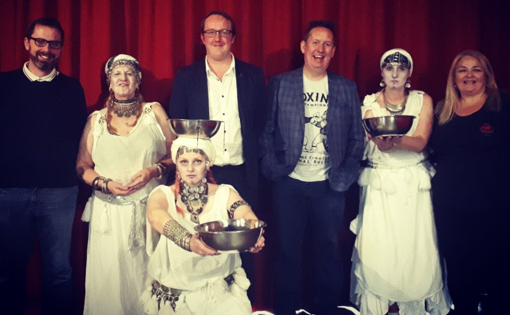 Author Mark Rees with the Ghosts of Wales - Live! gang at the Swansea Fringe Festival: (l-r) Owen Thomas, Lotus Sisters, Mark Rees, Owen Staton, Cymru Paranormal