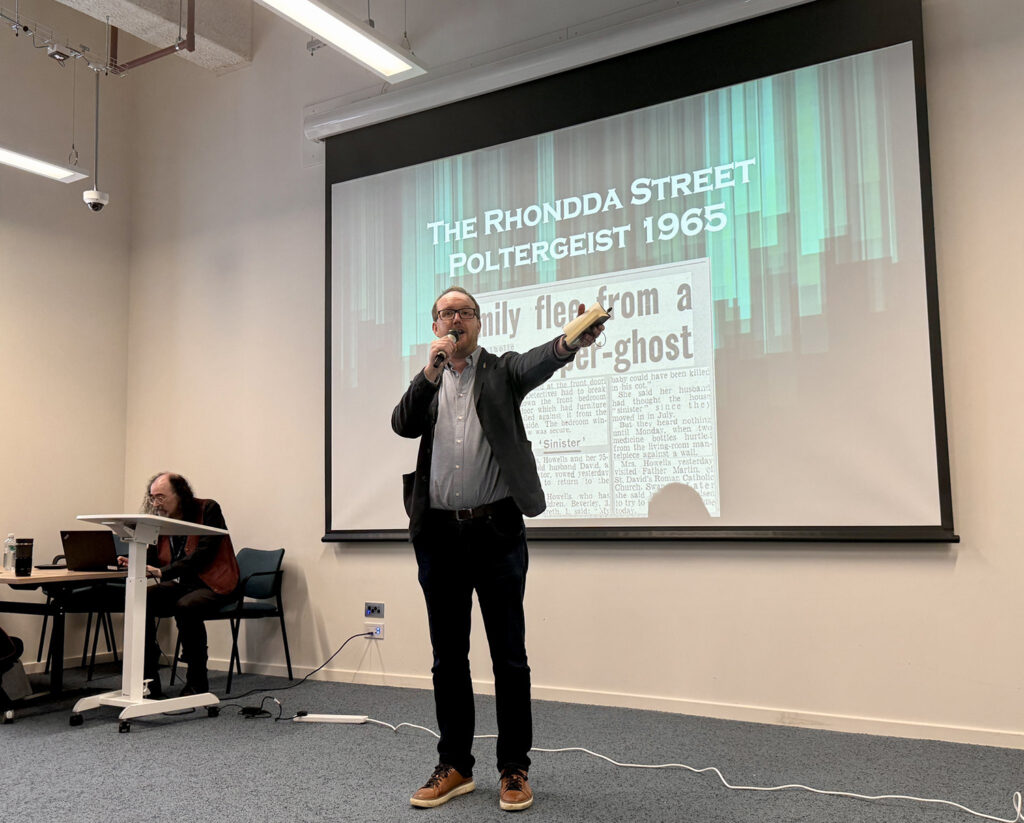 Mark Rees at Paranormal Unpacked Live! - the Rhondda Street Poltergeist in Y Storfa, Swansea. Photo by Caroline Berry.
