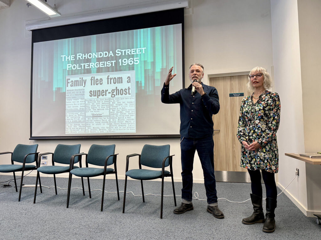 Steve Balsamo and Jeanie Rebane at Paranormal Unpacked Live! - the Rhondda Street Poltergeist in Y Storfa, Swansea. Photo by Caroline Berry.