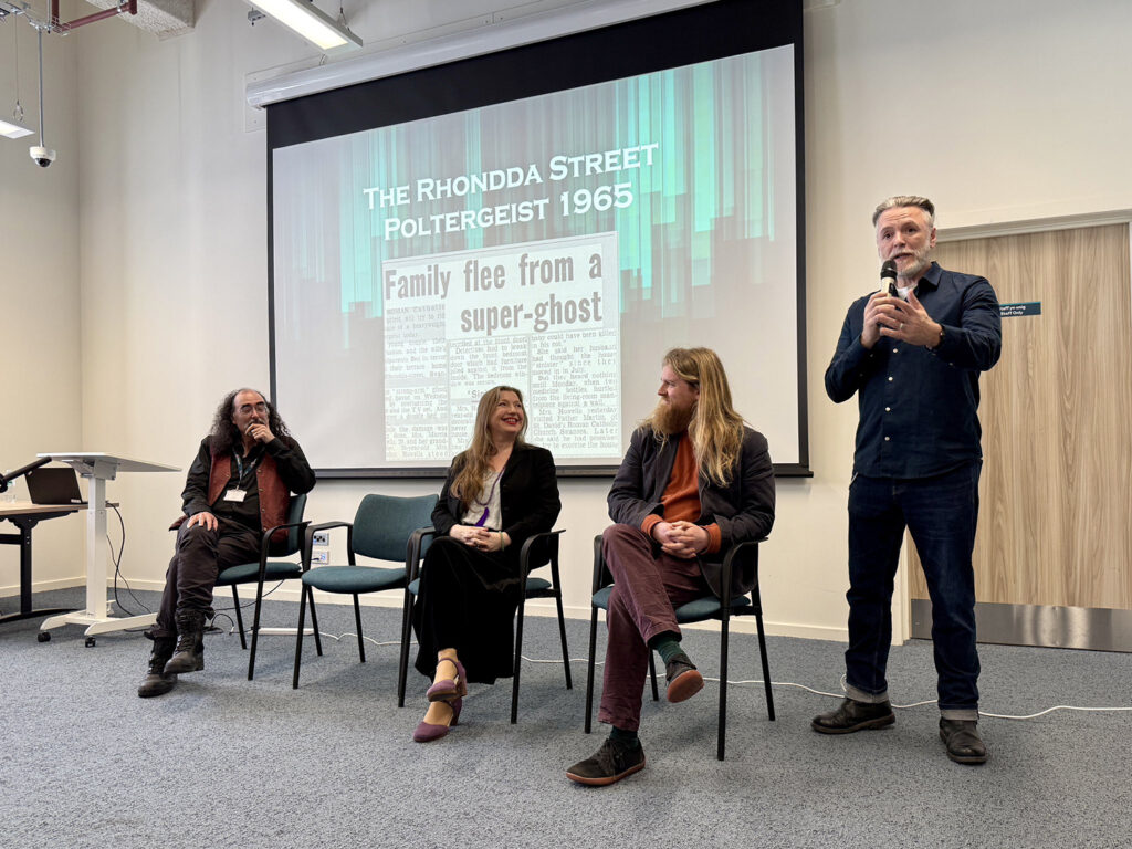 Gwilym Games, Moya O&rsquo;Dwyer, Jack Hunter and Steve Balsamo at Paranormal Unpacked Live! - the Rhondda Street Poltergeist in Y Storfa, Swansea. Photo by Caroline Berry.