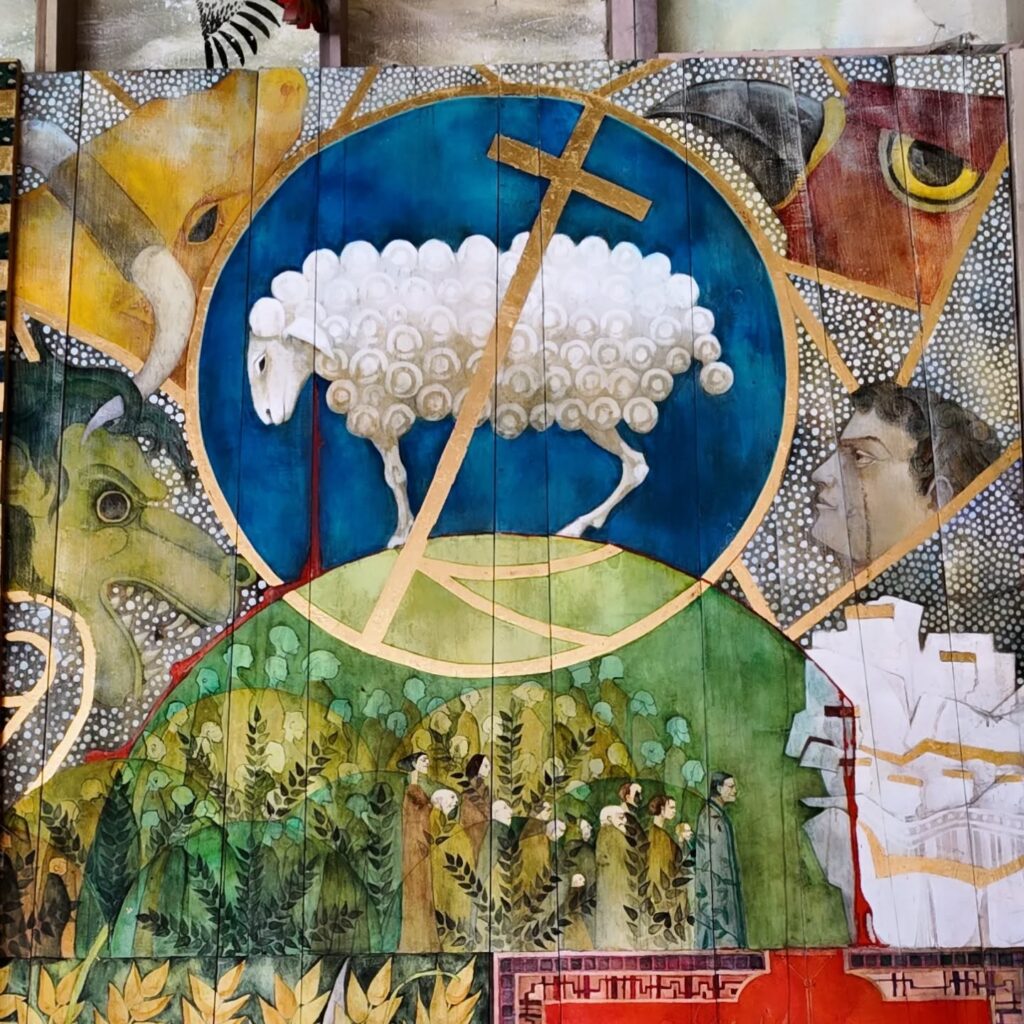 The Apocalypse of Saint-Émilion (2018), a vast mural by local artist François Peltier in the Collegiate Church, Saint-Émilion.
