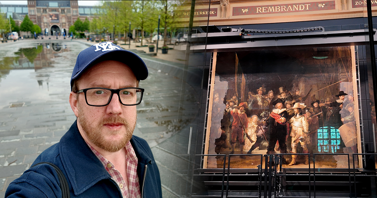 Art historian Mark Rees at the Rijksmuseum/ The Night Watch by Rembrandt.